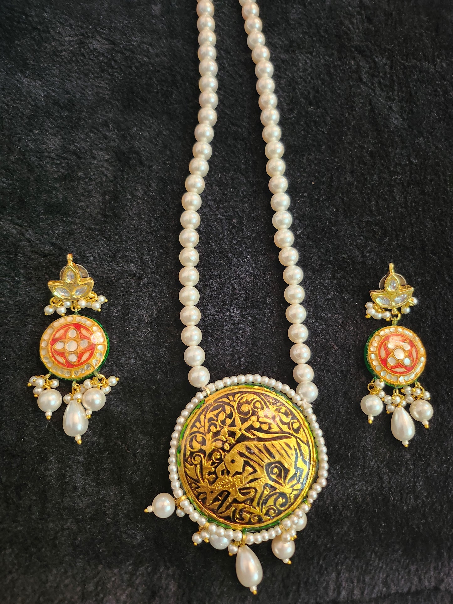 Real Pearl Necklace With Red Enameled Sun