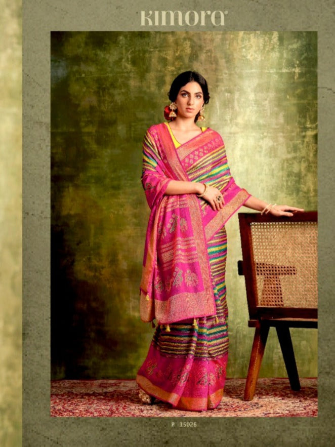 Multicolour Brasso Chiffon Saree with Desginer Blouse