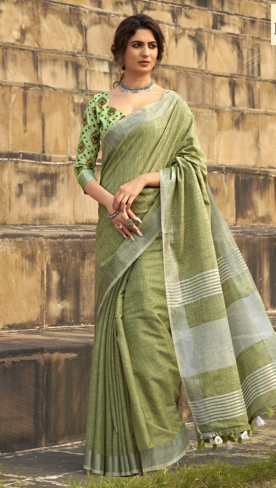 Buy Soft Linen Silk with Khadi Print Saree A Fusion of Tradition and Elegance