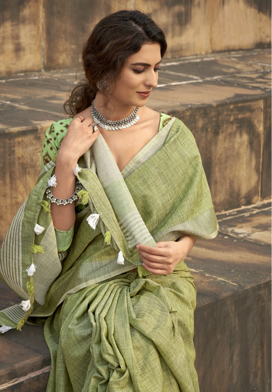 Buy Soft Linen Silk with Khadi Print Saree A Fusion of Tradition and Elegance