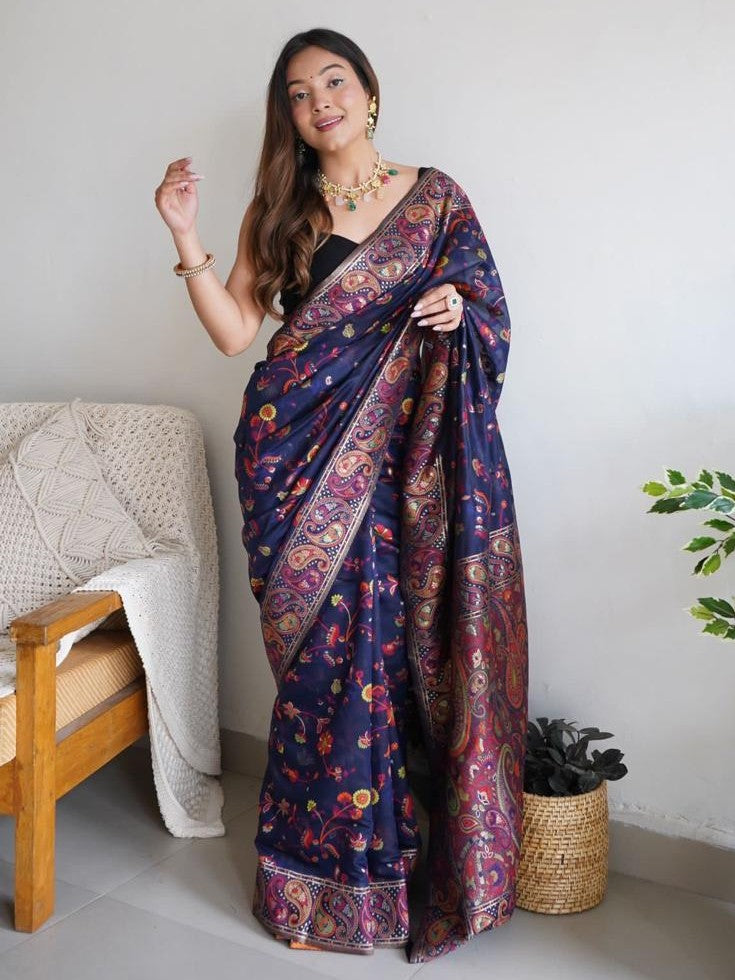 Kashmiri Pashmina Cotton Silk Saree with Kachi Work Banarasi Border and Rich Pallu