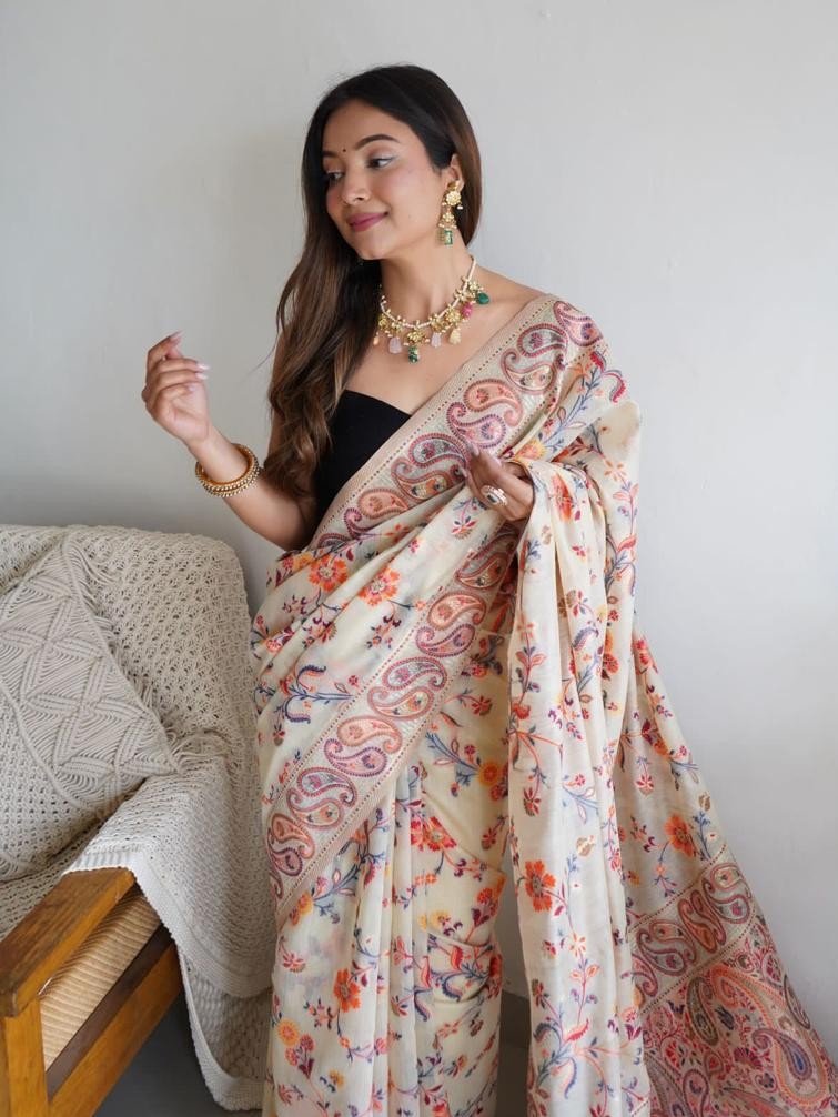 Kashmiri Pashmina Cotton Silk Saree with Kachi Work Banarasi Border and Rich Pallu