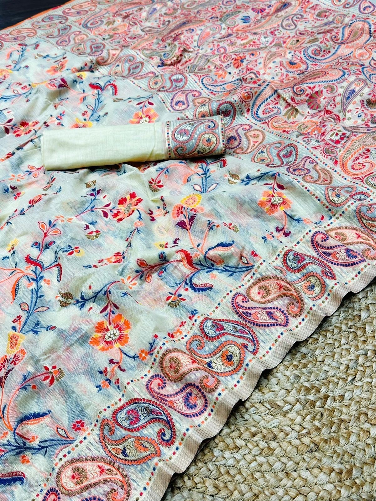 Kashmiri Pashmina Cotton Silk Saree with Kachi Work Banarasi Border and Rich Pallu