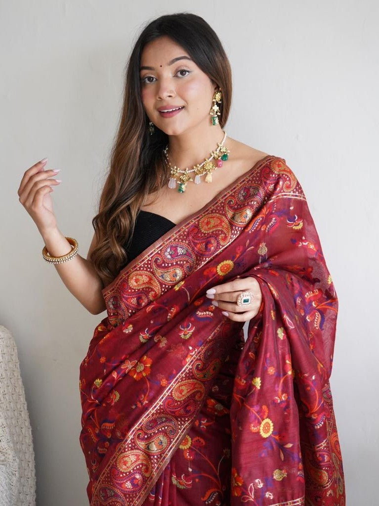 Kashmiri Pashmina Cotton Silk Saree with Kachi Work Banarasi Border and Rich Pallu