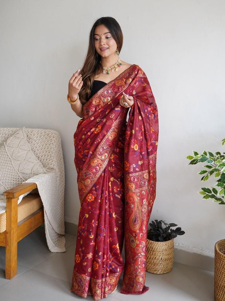 Kashmiri Pashmina Cotton Silk Saree with Kachi Work Banarasi Border and Rich Pallu