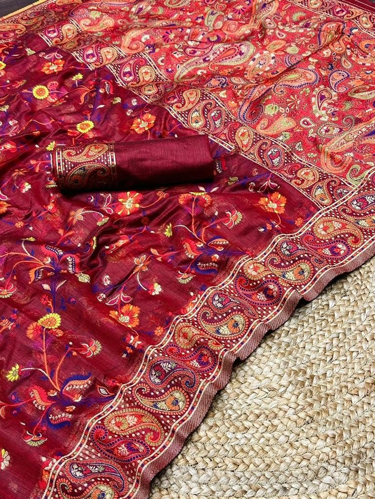 Kashmiri Pashmina Cotton Silk Saree with Kachi Work Banarasi Border and Rich Pallu