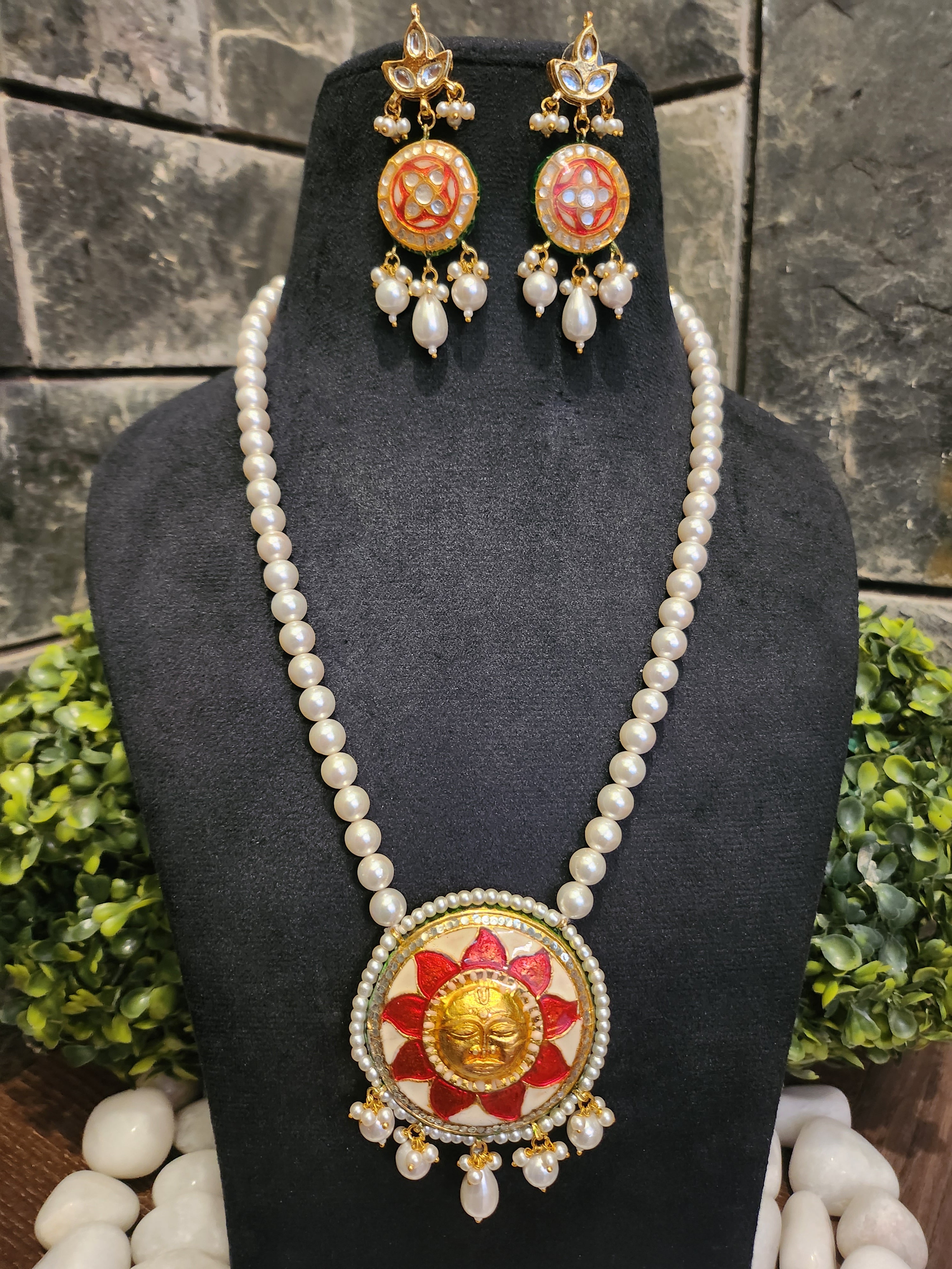 Real Pearl Necklace With Red Enameled Sun