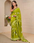 Women's Batik Printed Mulmul Cotton Silk Saree with Contrast Border (Mehendi Green)