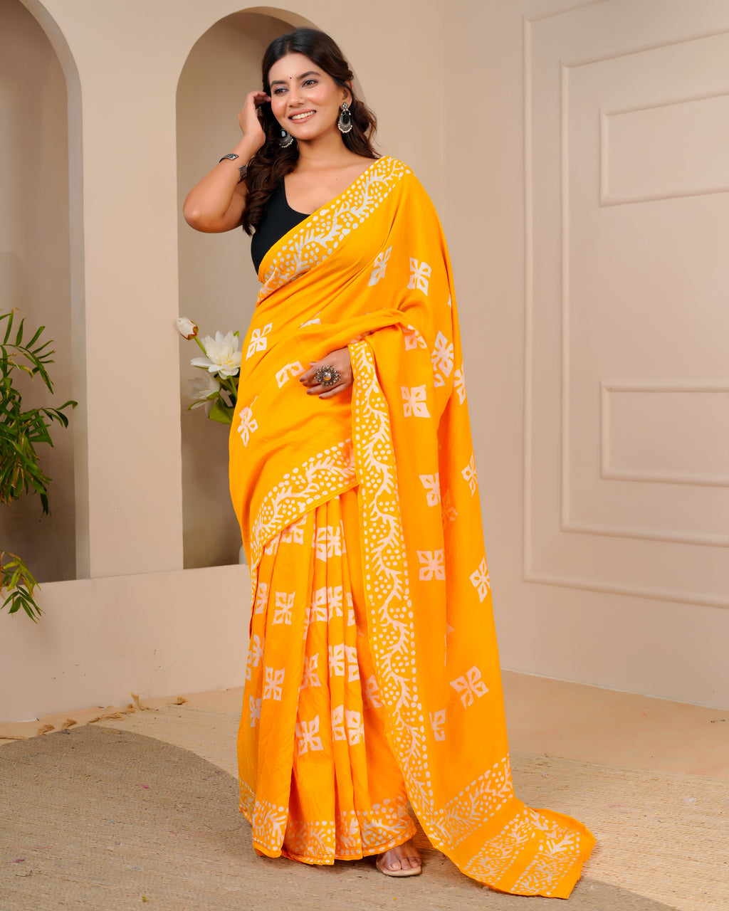 Women's Batik Printed Mulmul Cotton Silk Saree with Contrast Border (Yellow)