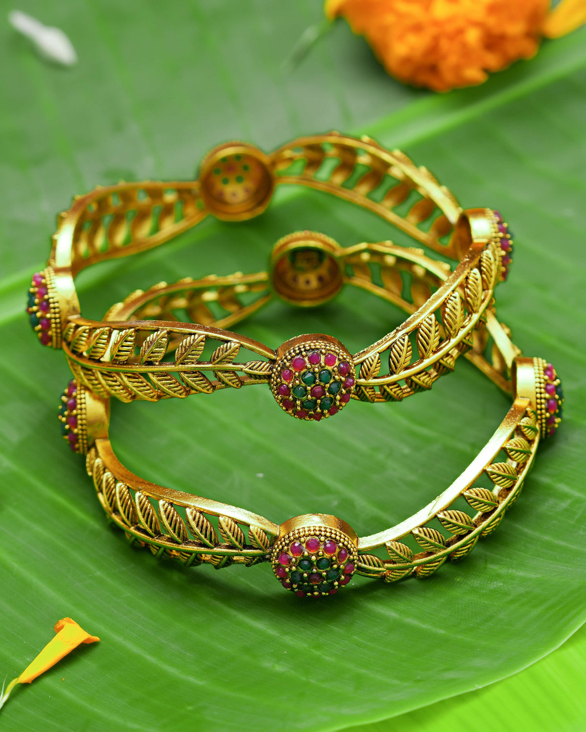 The Ramayana Royal Heritage Collection - Antique Gold-Plated Sita Ashoka Vatika Leaf Temple Kada Bangles (Pair)