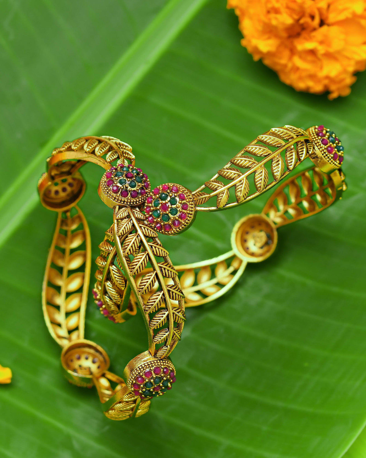The Ramayana Royal Heritage Collection - Antique Gold-Plated Sita Ashoka Vatika Leaf Temple Kada Bangles (Pair)