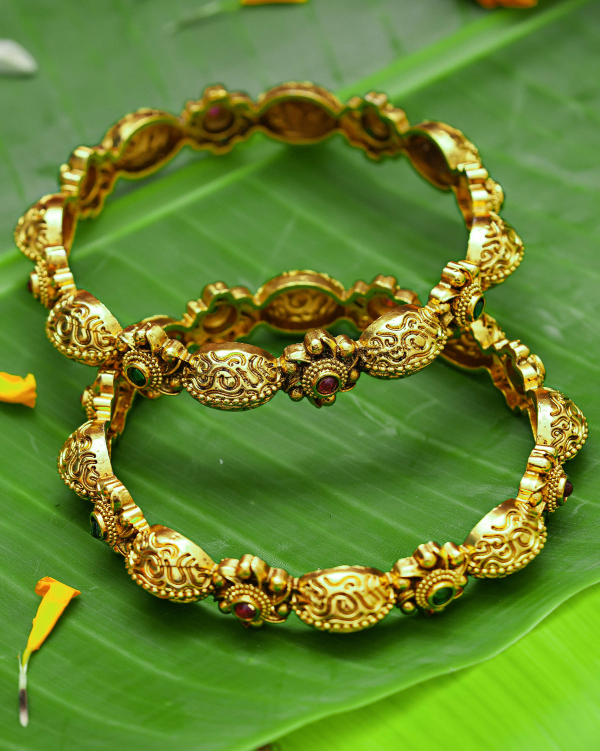The Ramayana Royal Heritage Collection - Antique Gold-Plated Sita Kalyanam Pushpa Ratna Temple Kada Bangles (Pair)