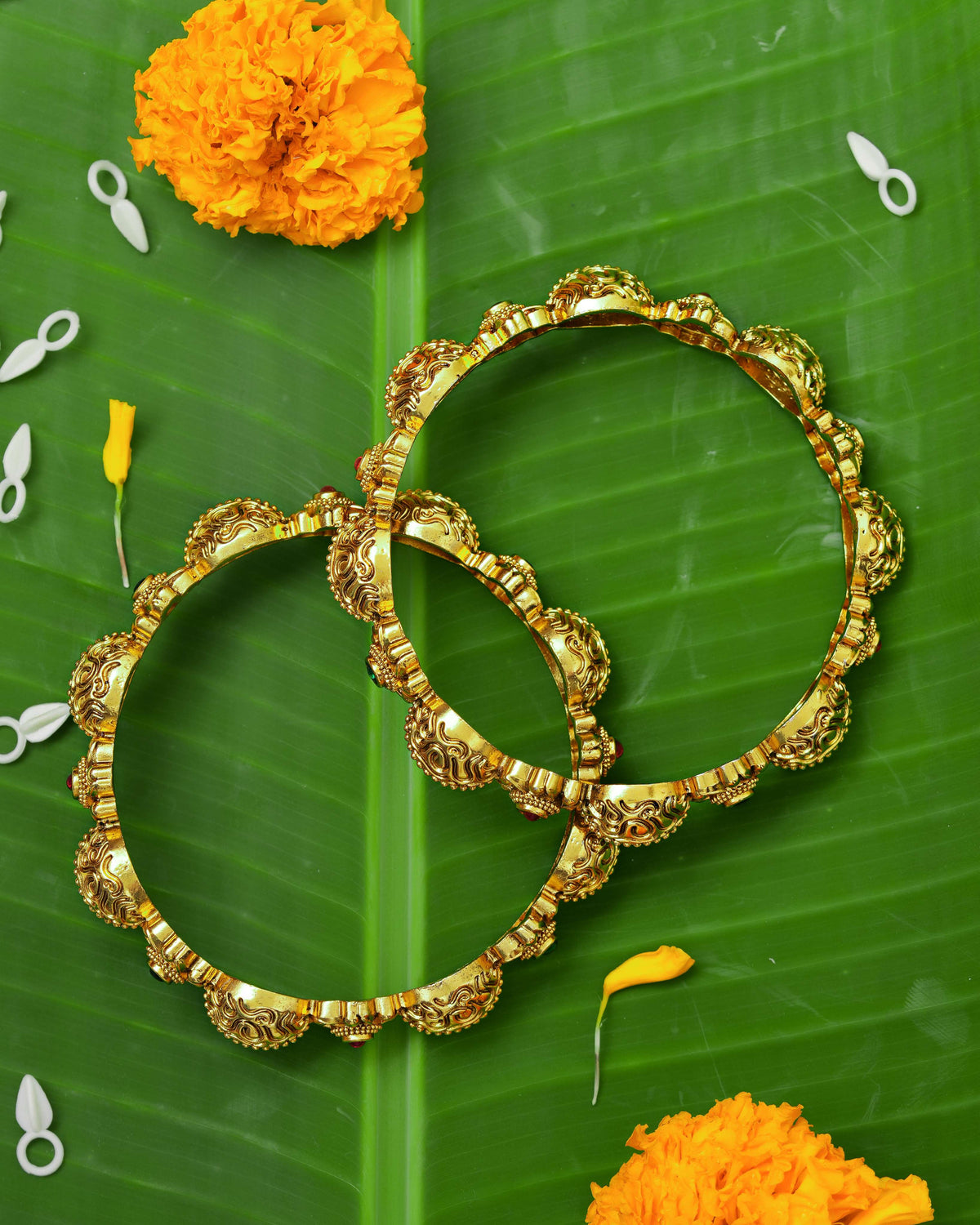 The Ramayana Royal Heritage Collection - Antique Gold-Plated Sita Kalyanam Pushpa Ratna Temple Kada Bangles (Pair)
