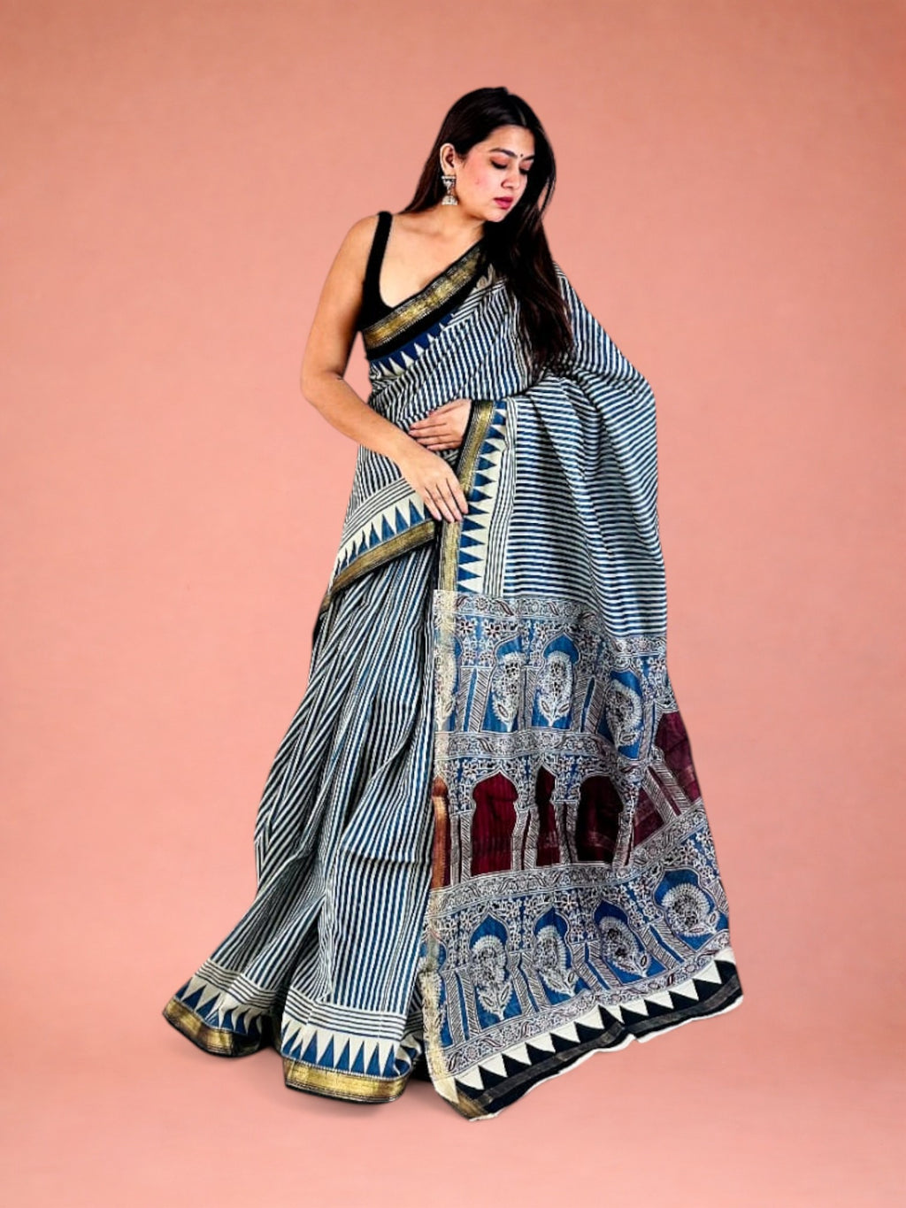 Modern Geometric Hand Block Printed Maheshwari Silk Saree in Neelambari Blue