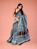 Modern Geometric Hand Block Printed Maheshwari Silk Saree in Neelambari Blue