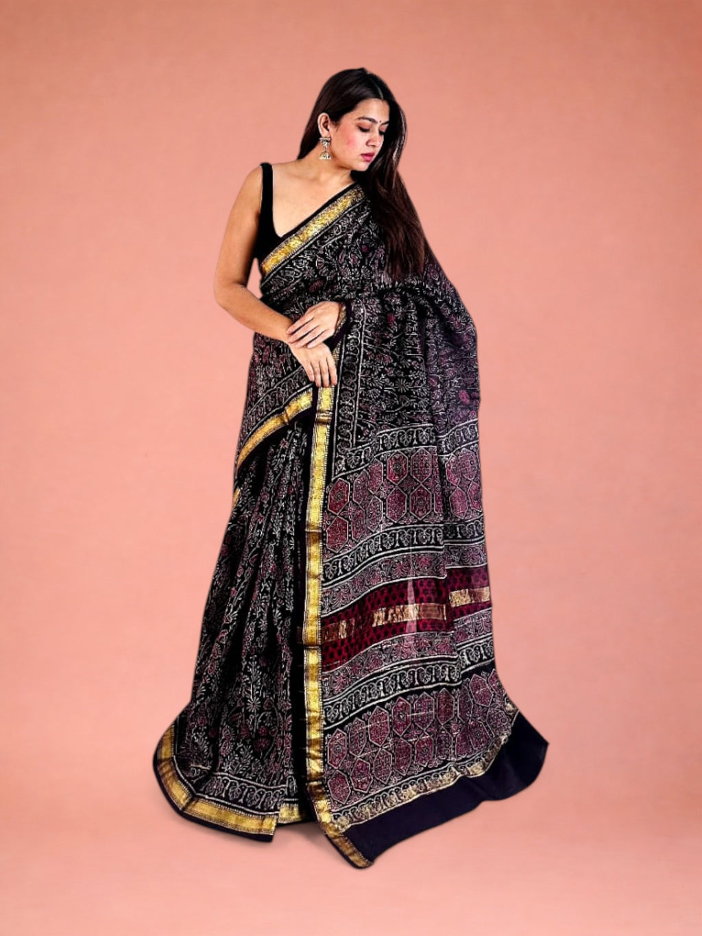 Elegant Hand Block Printed Maheshwari Silk Saree in Jamuni Night 1059