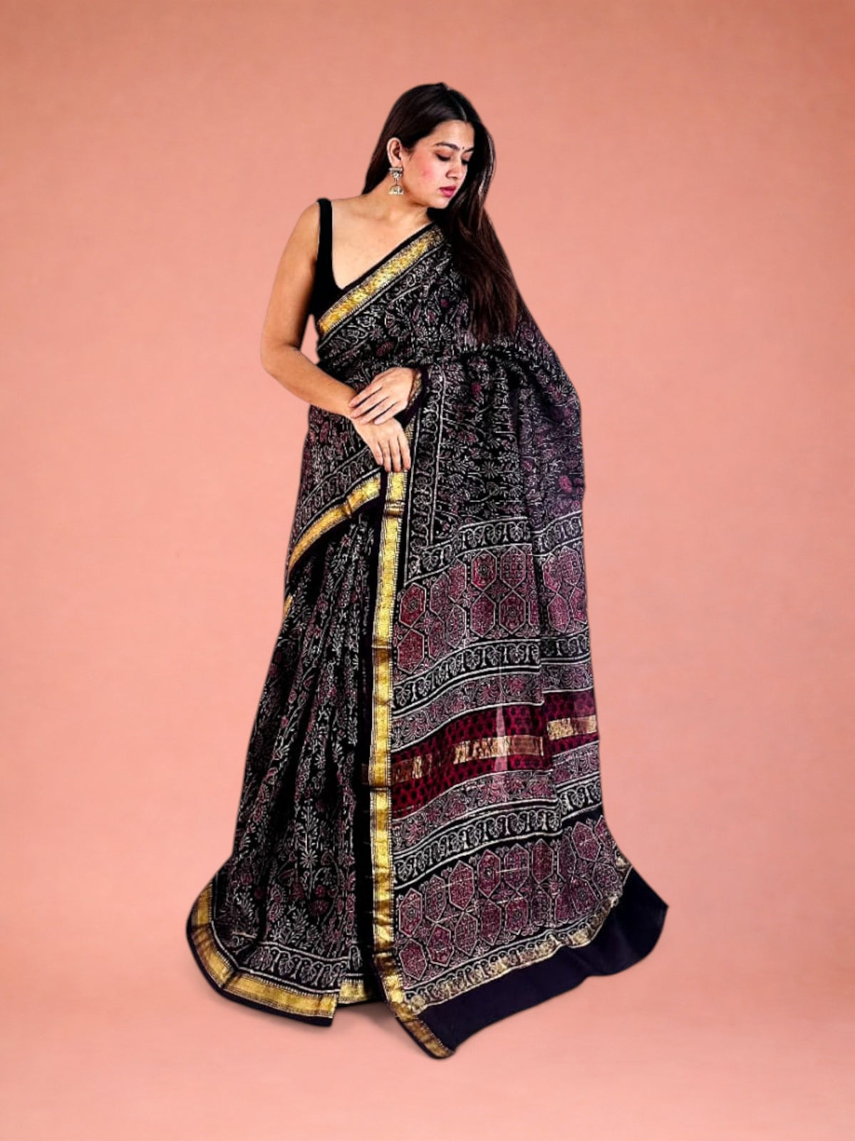 Elegant Hand Block Printed Maheshwari Silk Saree in Jamuni Night 1059
