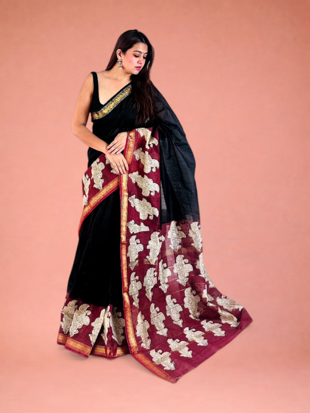 Regal Black & Maroon Hand Block Printed Maheshwari Silk Saree 1060