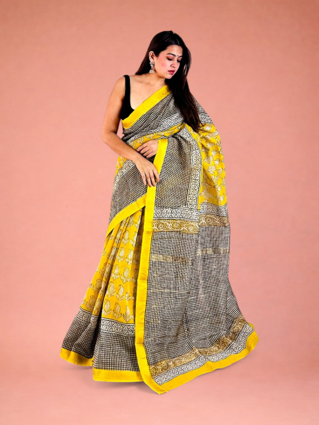 Vibrant Peetambari Yellow Hand Block Printed Maheshwari Silk Saree 1061