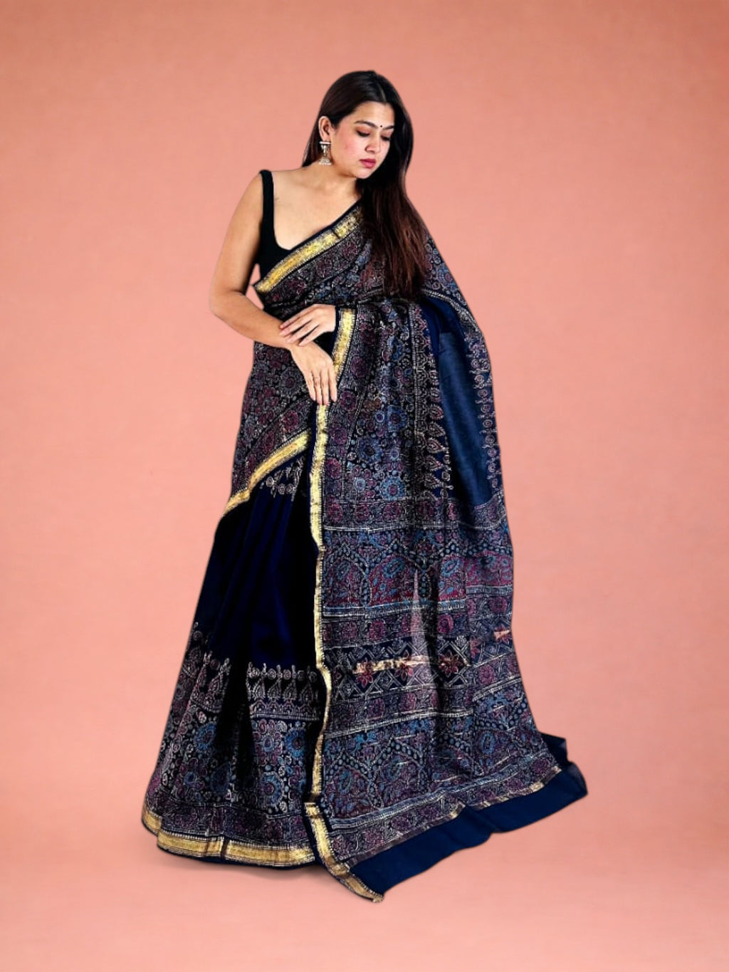 Deep Neela Jamuni Floral Hand Block Printed Maheshwari Silk Saree 1062