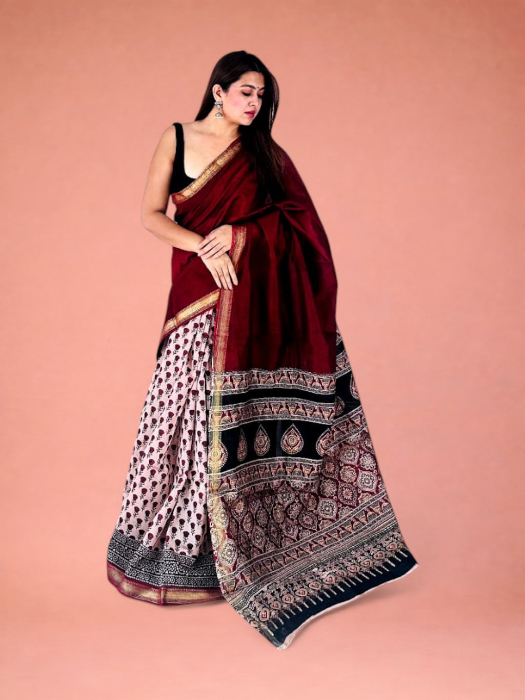 Rakta Chandan Red & White Hand Block Printed Maheshwari Silk Saree 1063