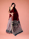 Rakta Chandan Red & White Hand Block Printed Maheshwari Silk Saree 1063