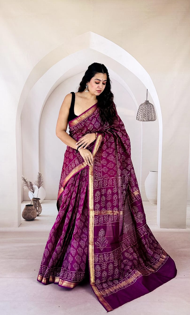 Elegant Baigani Rani Purple Hand-Block Printed Authentic Pure Maheshwari Silk Saree 1064