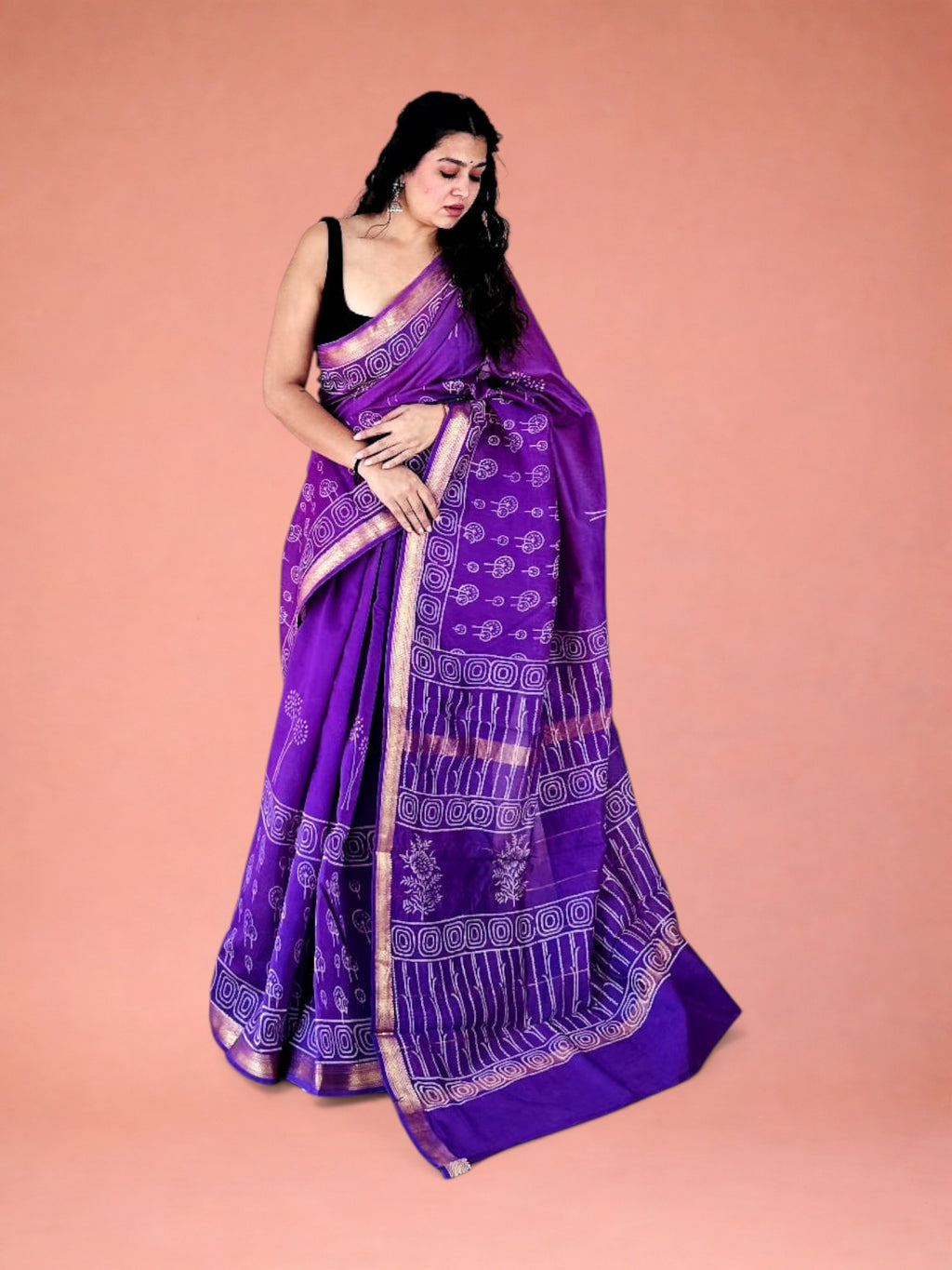 Jamuni Phool Hand Block Printed Maheshwari Silk Saree 1067