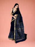 Raat Rani Blue Hand Block Printed Maheshwari Silk Saree 1069