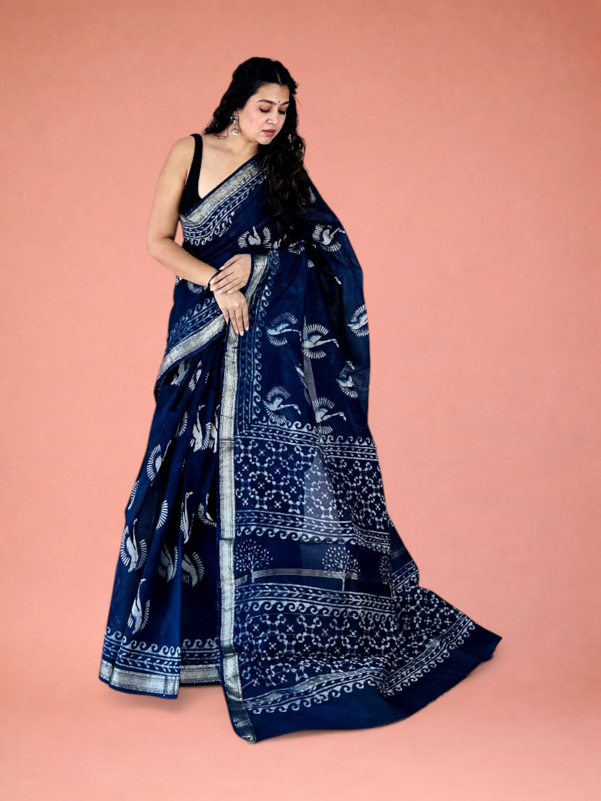 Hansa Indigo Hand Block Printed Maheshwari Silk Saree 1070