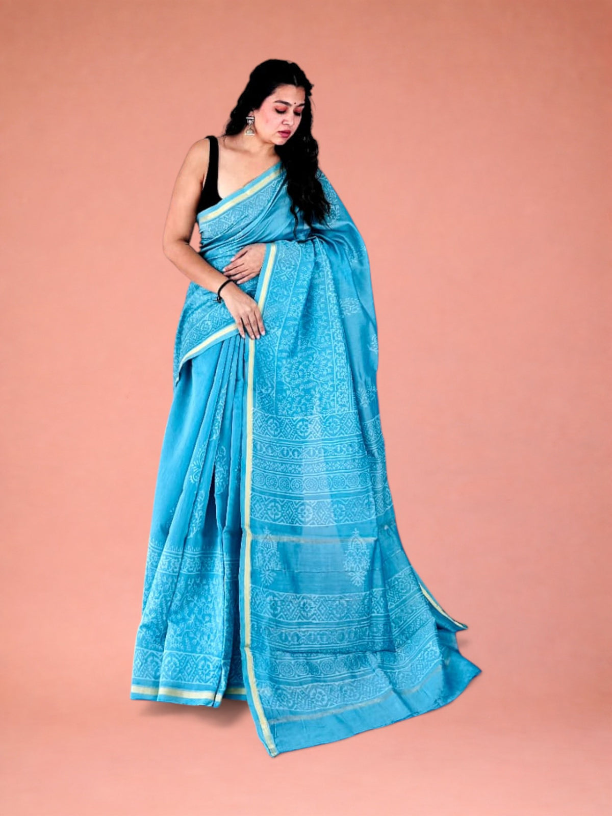 Firozi Jaal Hand Block Printed Maheshwari Silk Saree 1072