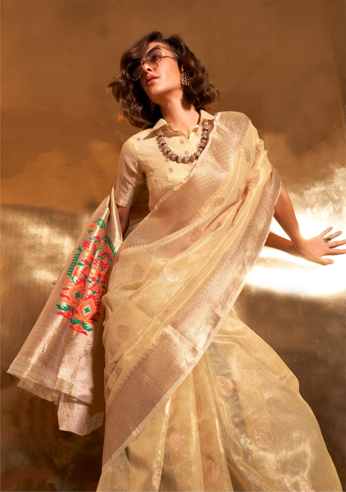 Buy Zari Tissue Saree with Heavy Paithani Pallu A Majestic Blend of Tradition and Luxury