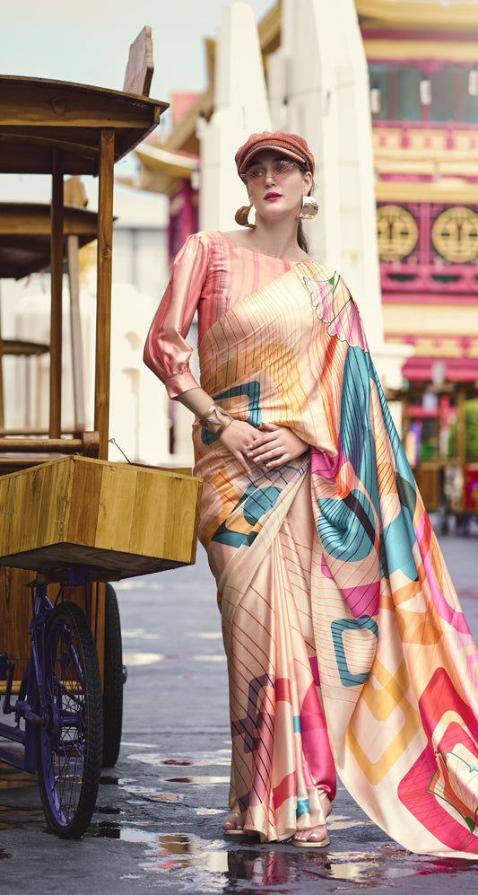 Buy Elegant Pure Satin Silk Saree with Designer Digital Print A Fusion of Tradition & Modern Art