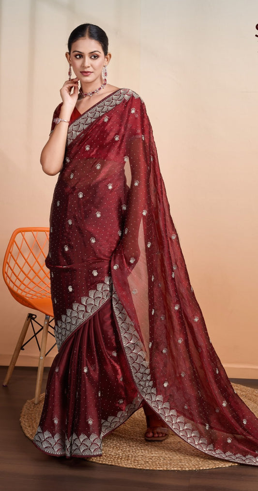 Buy Blooming Burberry with Grand C-Pallu Zari Embroidery Saree A Timeless Elegance