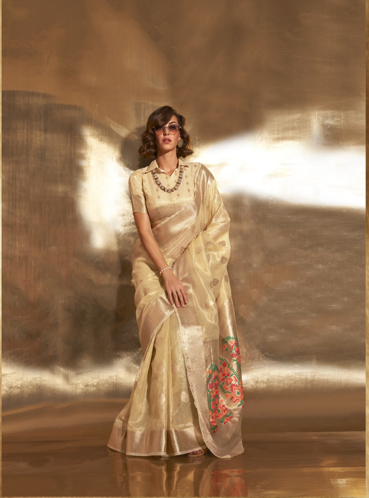 Buy Zari Tissue Saree with Heavy Paithani Pallu A Majestic Blend of Tradition and Luxury