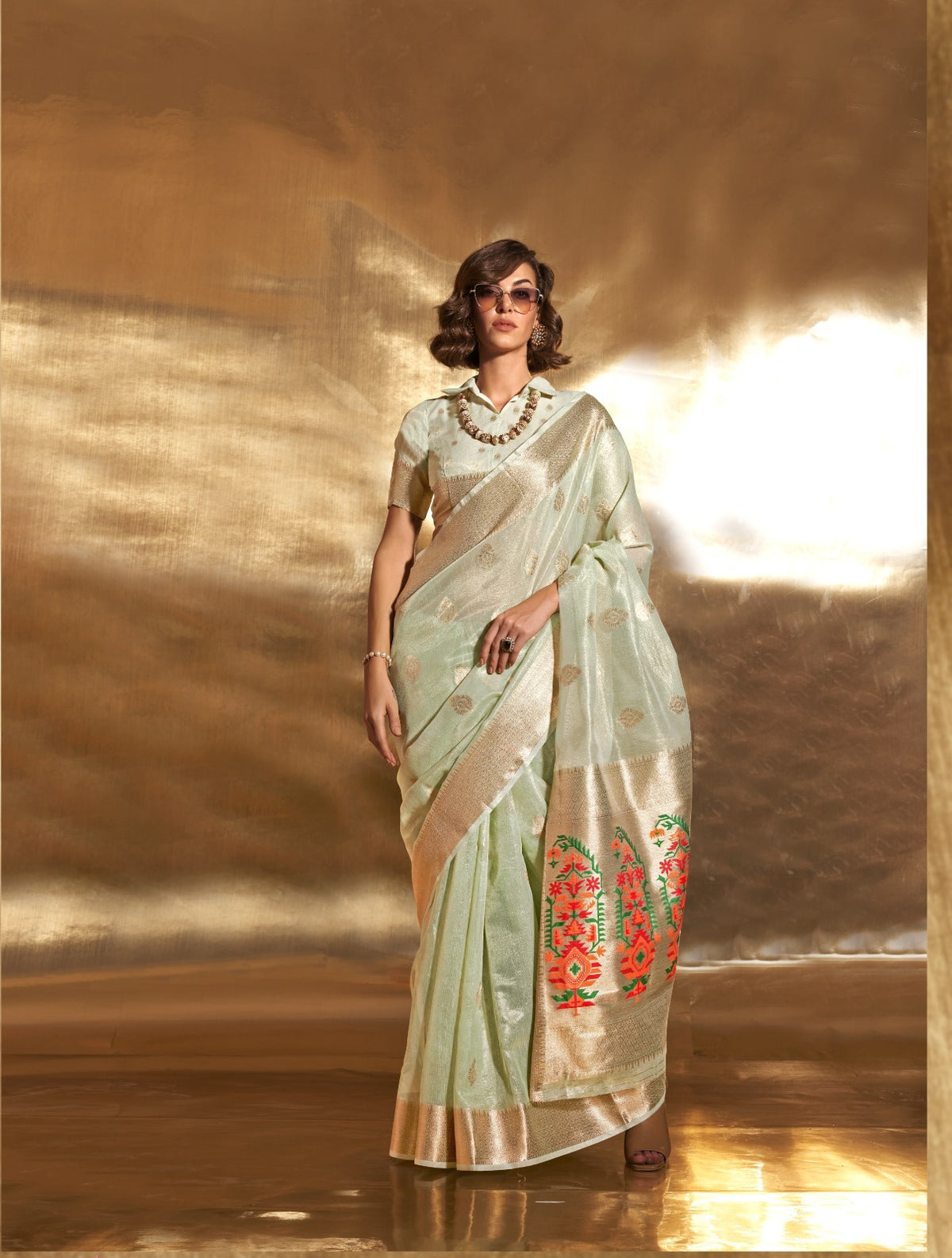 Buy Zari Tissue Saree with Heavy Paithani Pallu A Majestic Blend of Tradition and Luxury