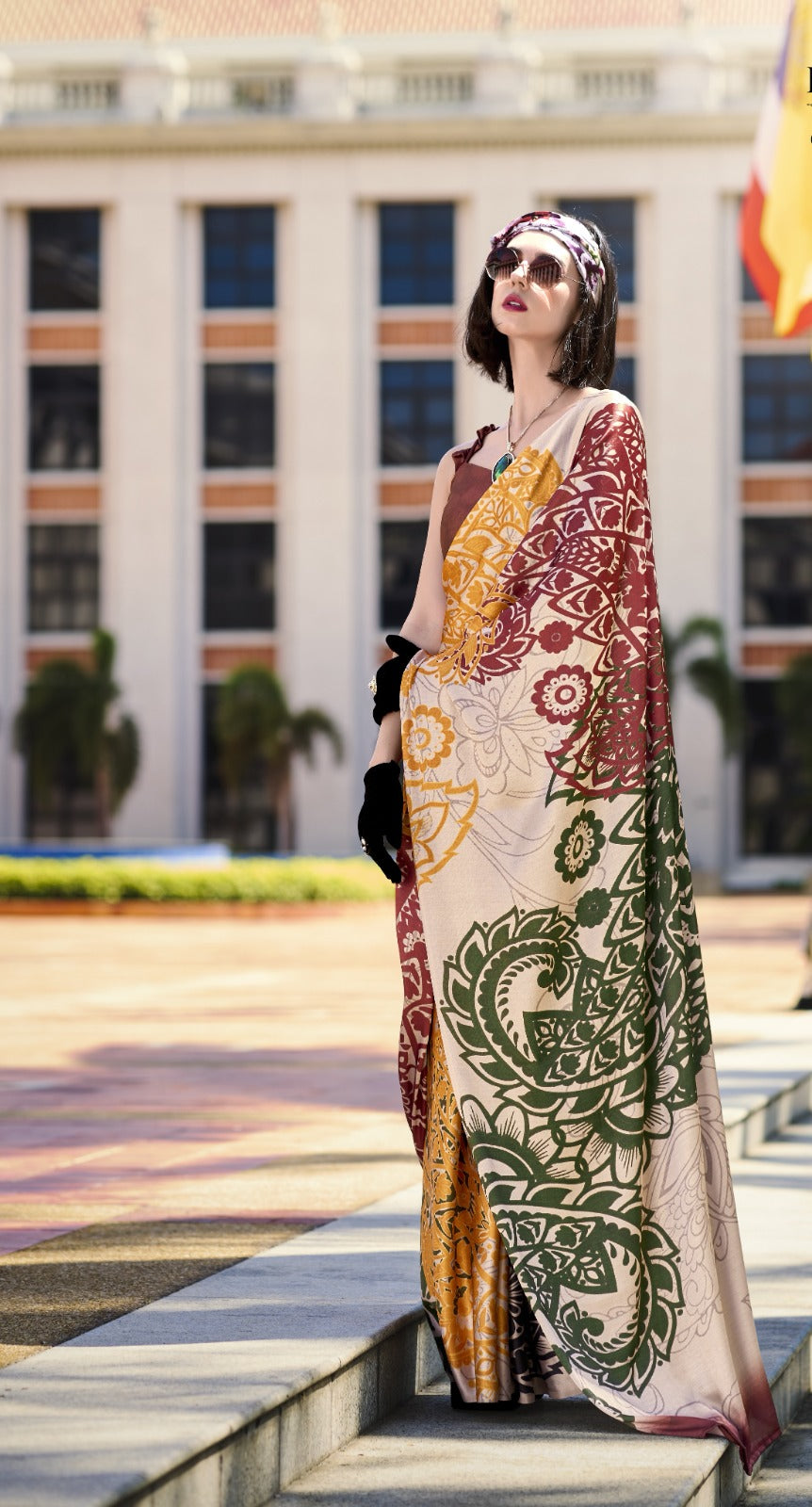 Buy Elegant Pure Satin Silk Saree with Designer Digital Print A Fusion of Tradition & Modern Art