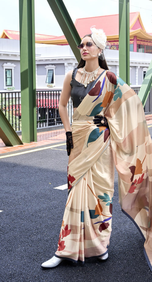 Buy Elegant Pure Satin Silk Saree with Designer Digital Print A Fusion of Tradition & Modern Art