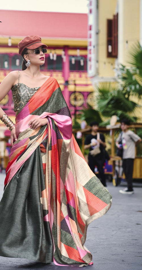 Buy Elegant Pure Satin Silk Saree with Designer Digital Print A Fusion of Tradition & Modern Art
