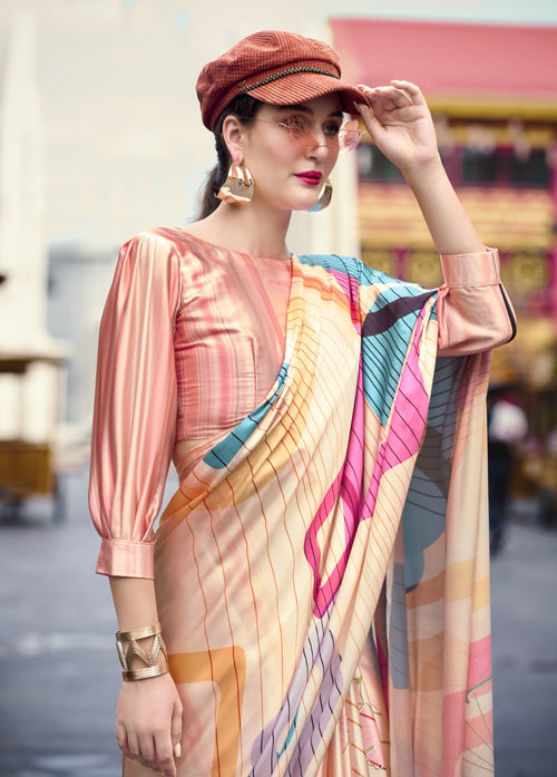 Buy Elegant Pure Satin Silk Saree with Designer Digital Print A Fusion of Tradition & Modern Art