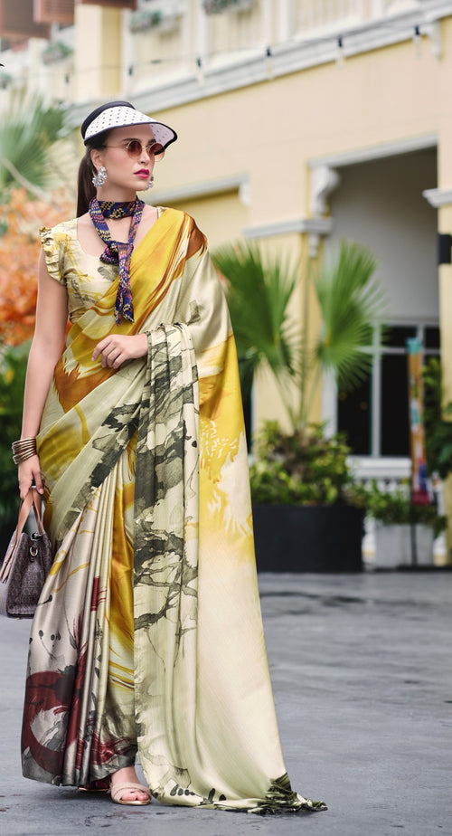 Buy Elegant Pure Satin Silk Saree with Designer Digital Print A Fusion of Tradition & Modern Art