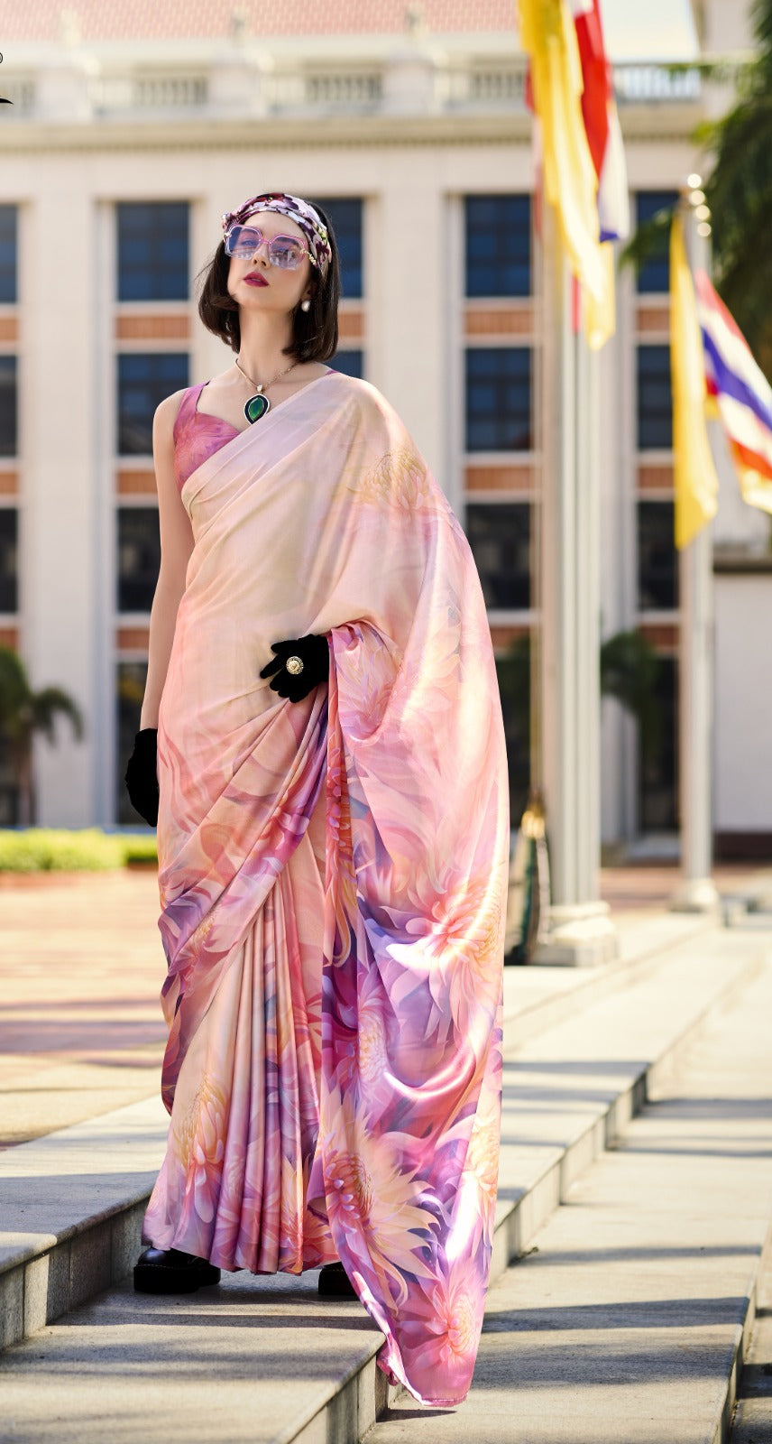 Buy Elegant Pure Satin Silk Saree with Designer Digital Print A Fusion of Tradition & Modern Art