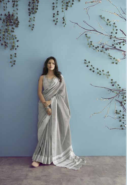 Buy Elegant Soft Linen Silk Chikankari Weaved Border Saree Timeless Craftsmanship & Luxury