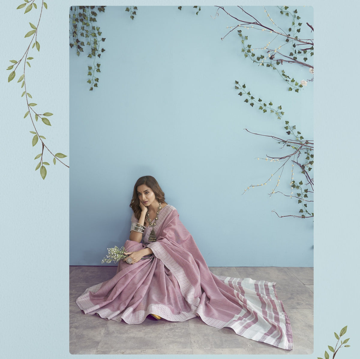 Buy Elegant Soft Linen Silk Chikankari Weaved Border Saree Timeless Craftsmanship & Luxury