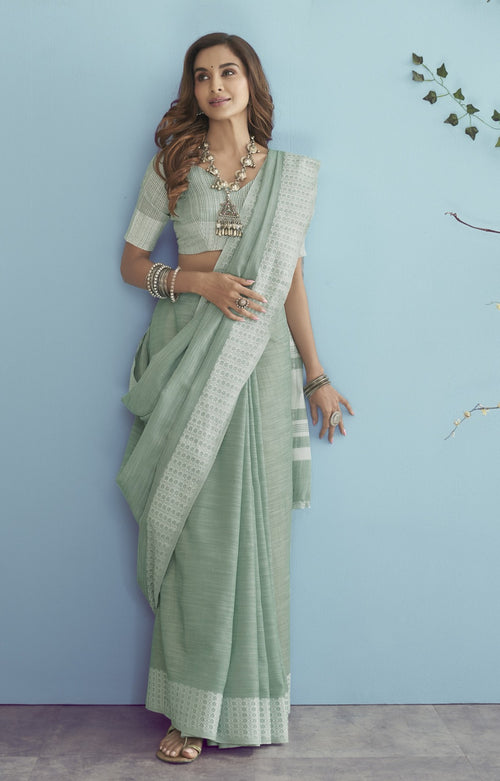 Buy Elegant Soft Linen Silk Chikankari Weaved Border Saree Timeless Craftsmanship & Luxury