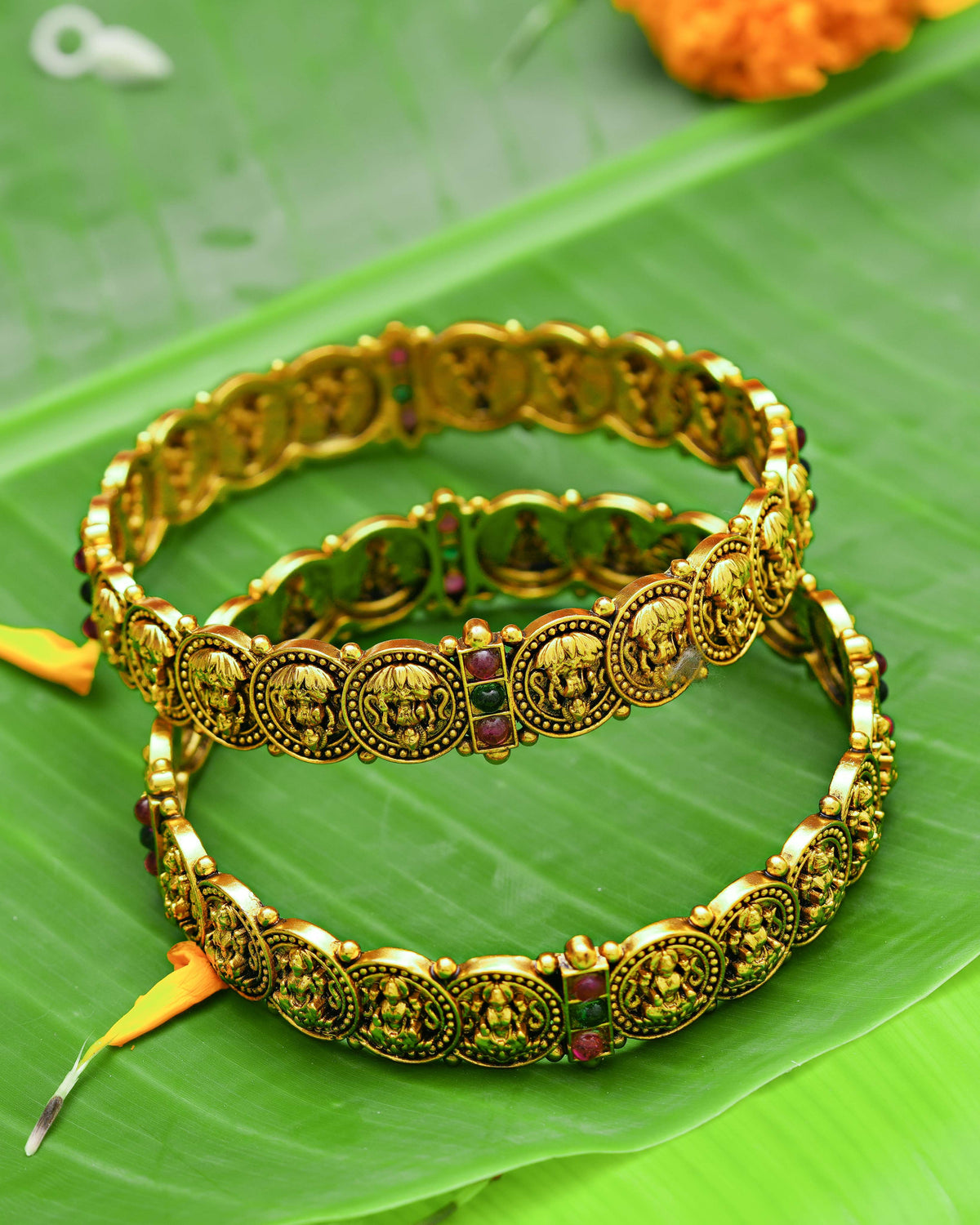 The Ramayana & Royal Heritage Collection – Antique Gold-Plated Kasu Lakshmi Ganesha Coin Bangles (Pair)