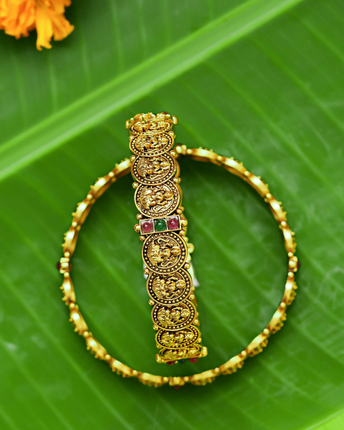 The Ramayana & Royal Heritage Collection – Antique Gold-Plated Kasu Lakshmi Ganesha Coin Bangles (Pair)