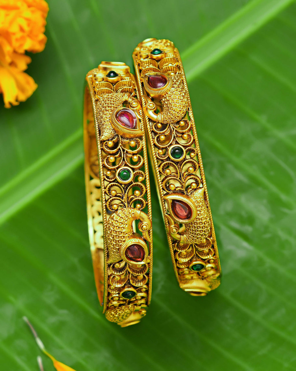 The Ramayana Royal Heritage Collection - Antique Gold-Plated Mayur Sita Mata Peacock Kada Bangles (Pair)