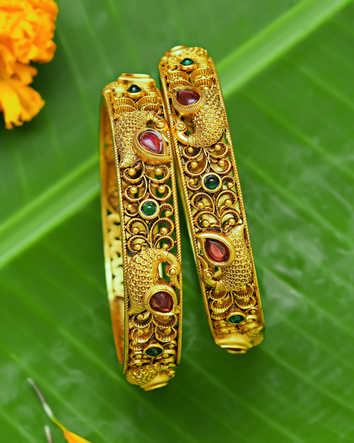 The Ramayana Royal Heritage Collection - Antique Gold-Plated Mayur Sita Mata Peacock Kada Bangles (Pair)
