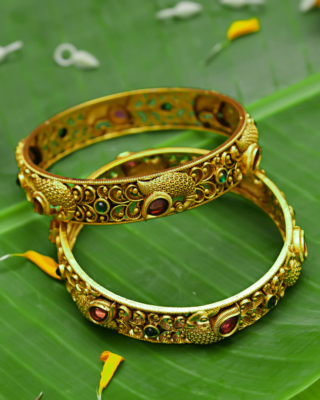The Ramayana Royal Heritage Collection - Antique Gold-Plated Mayur Sita Mata Peacock Kada Bangles (Pair)